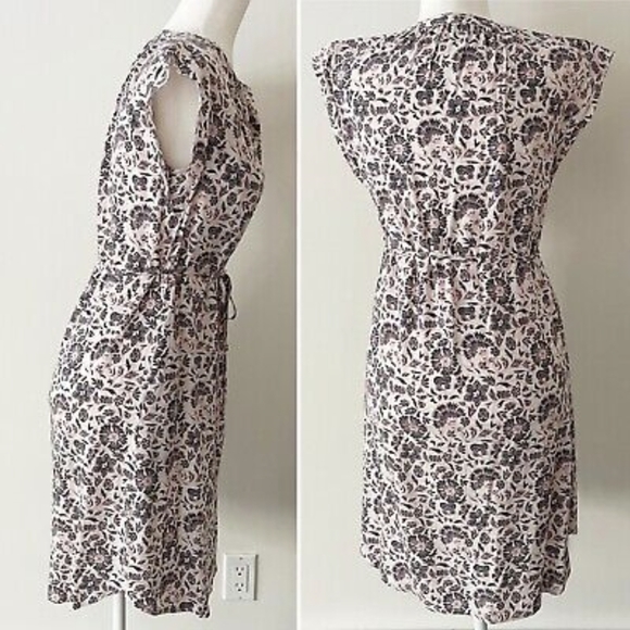 LOFT | Floral Shirtdress, Button Down Tie Waist Cap Sleeve, Pink & Blue - Picture 4 of 14